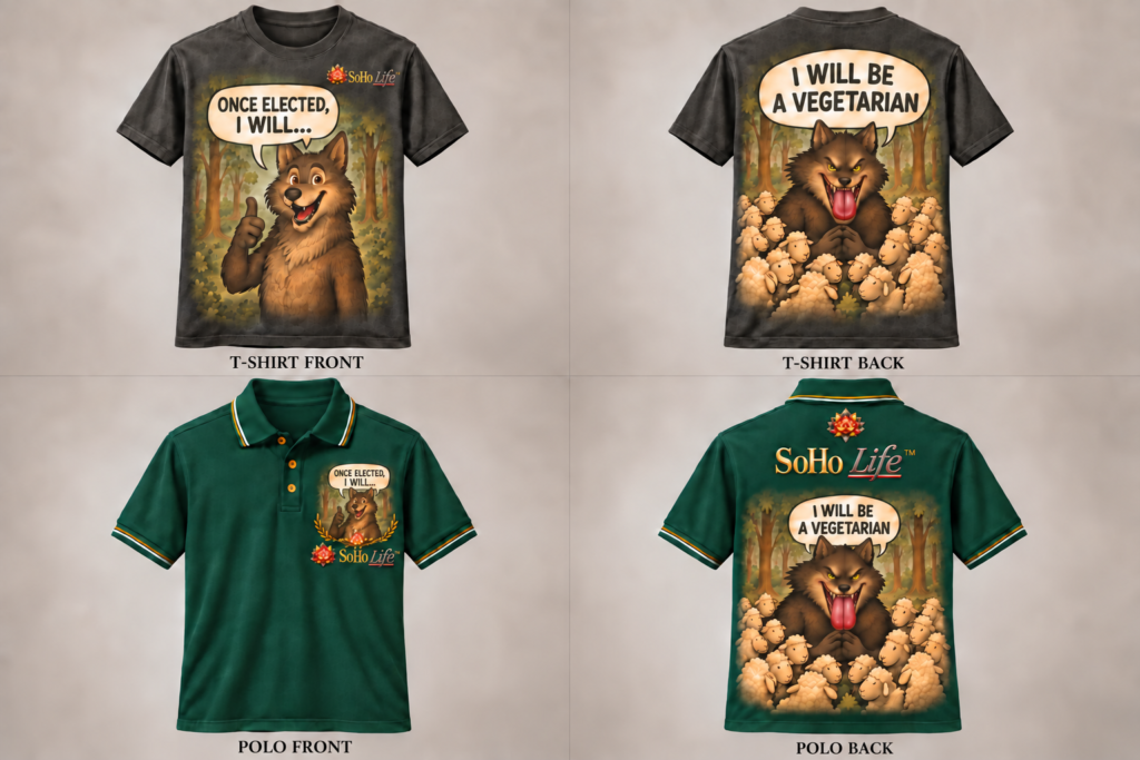 Once Elected approved SoHo Life T-shirt and polo concept board