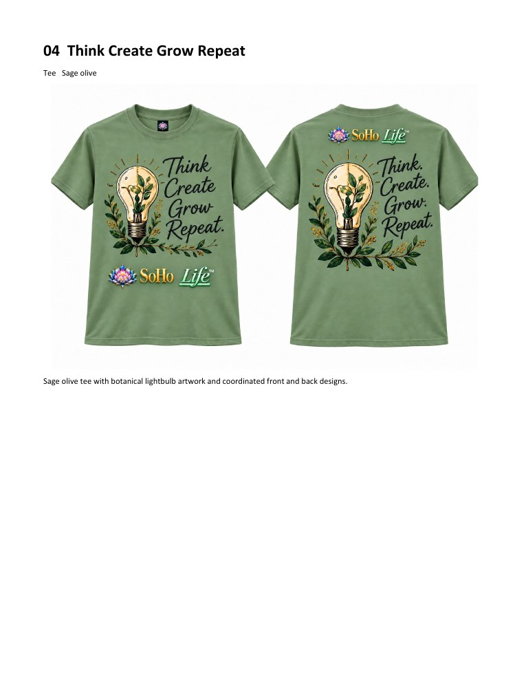 Think Create Grow Repeat approved SoHo Life apparel